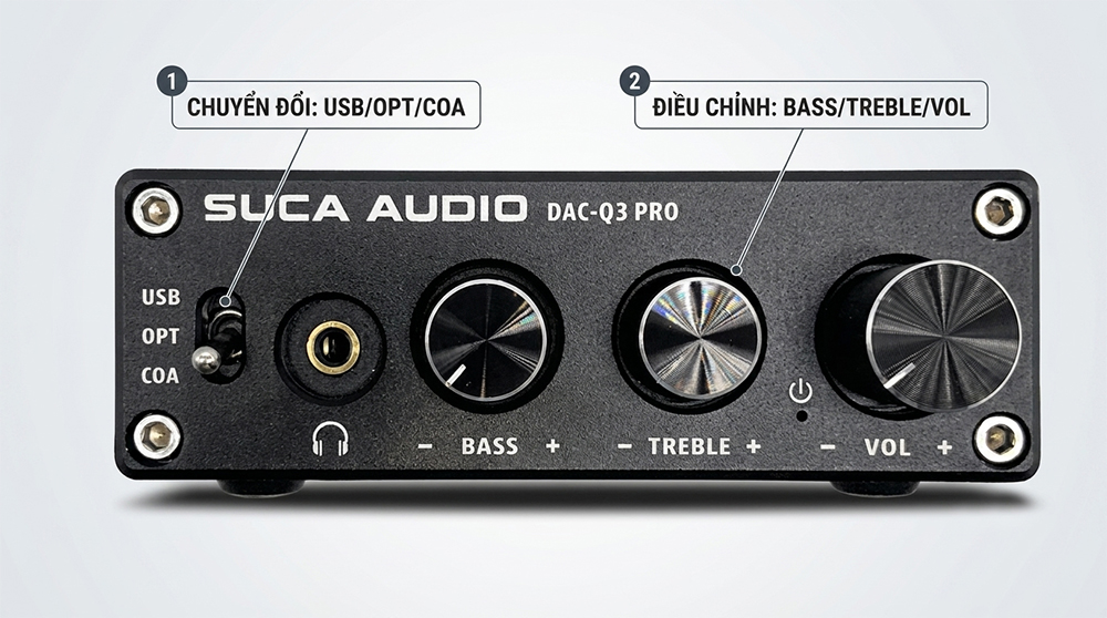 Hình ảnh mặt trước DAC SUCA Q3 Pro với các núm điều chỉnh âm lượng, Bass, Treble và cổng kết nối USB, Optical, Coaxial. Thiết kế vỏ nhôm màu đen sang trọng, phù hợp nâng cấp chất lượng âm thanh cho TV, máy tính và hệ thống nghe nhạc Hi-Res.