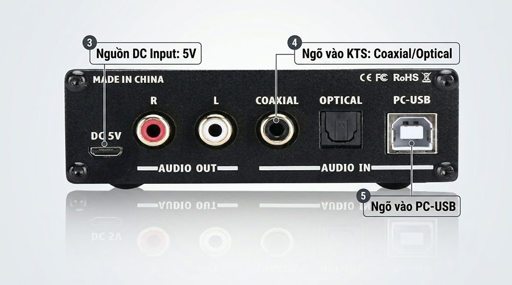 Ảnh sản phẩm DAC SUCA Q3 Pro mặt trước, hỗ trợ USB, Optical, Coaxial, giải mã âm thanh Hi-Res 24bit/192kHz, thiết kế vỏ nhôm chắc chắn.