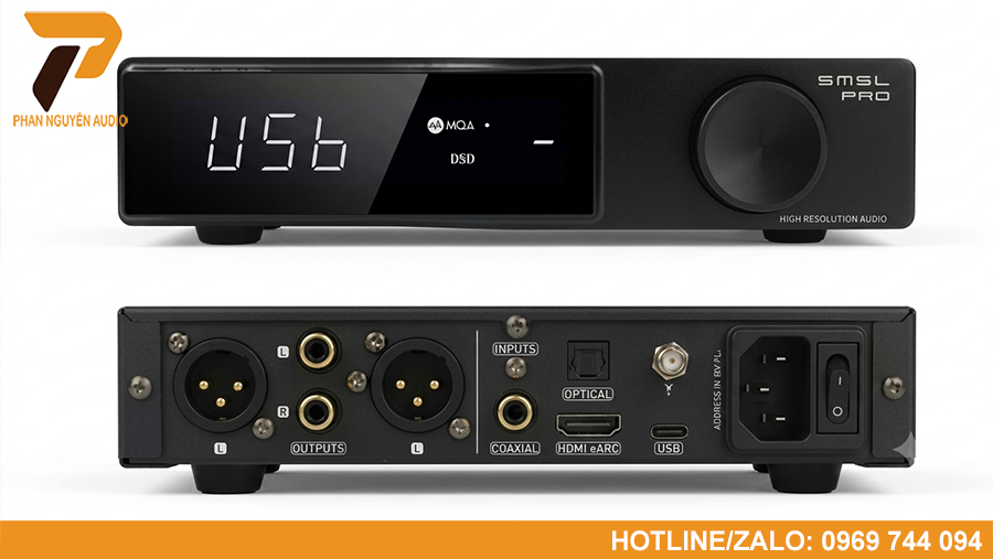 SMSL DO100 Pro mang đến khả năng giải mã Hi-Res mạnh mẽ, hỗ trợ Bluetooth LDAC, HDMI ARC và ngõ ra XLR Balanced, phù hợp với nhiều hệ thống âm thanh Hi-Fi.