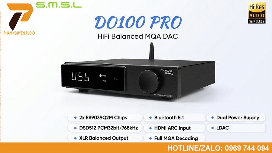 SMSL DO100 Pro đi kèm đầy đủ phụ kiện gồm bộ nguồn, điều khiển từ xa, cáp Bluetooth và sách hướng dẫn sử dụng, giúp người dùng lắp đặt và sử dụng dễ dàng.