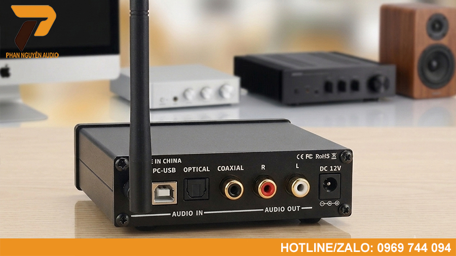 Mặt sau của DAC SUCA Q5 Pro với các cổng USB, Optical, Coaxial, AUX và RCA.