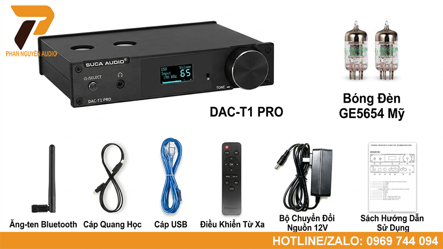 Phụ kiện đi kèm SUCA T1 Pro gồm bộ nguồn, điều khiển từ xa, ăng-ten Bluetooth và sách hướng dẫn sử dụng, giúp người dùng dễ dàng lắp đặt và sử dụng ngay sau khi mở hộp.