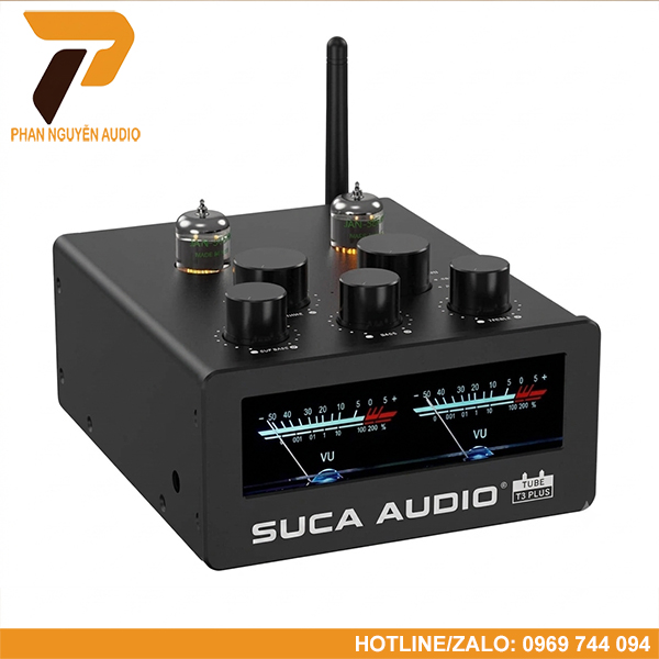 SUCA T3 Plus là amply lai đèn Hi-Fi công suất lớn 300W x 2, sử dụng bóng đèn GE5654W, hỗ trợ Bluetooth 5.1 LDAC, đồng hồ VU cổ điển và nhiều cổng kết nối, phù hợp phối ghép với loa thụ động trong hệ thống âm thanh gia đình.