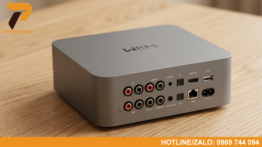 WiiM Ultra hỗ trợ HDMI ARC, USB, Optical, Coaxial, RCA, Ethernet, Wi-Fi và Phono MM, đáp ứng hầu hết nhu cầu kết nối của hệ thống âm thanh hiện đại.